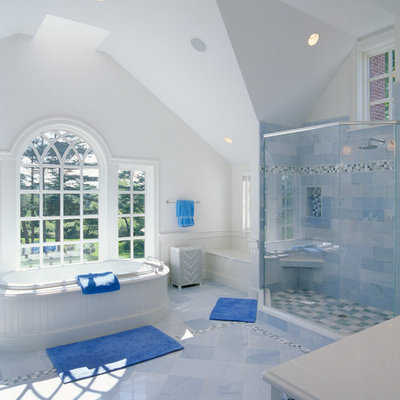 Inspiration for a timeless blue tile bathroom remodel in Boston
