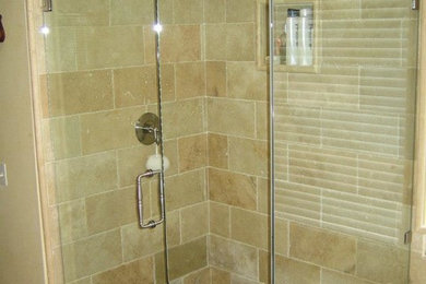 Photo of a large contemporary ensuite bathroom in Boston with a corner shower, beige tiles and ceramic tiles.