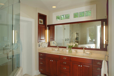Design ideas for a sauna bathroom in Richmond with medium wood cabinets and beige tiles.