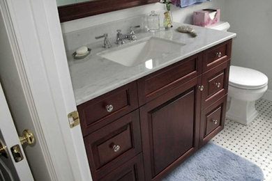 Gray tile and ceramic tile bathroom photo in Boston with a drop-in sink, raised-panel cabinets and dark wood cabinets