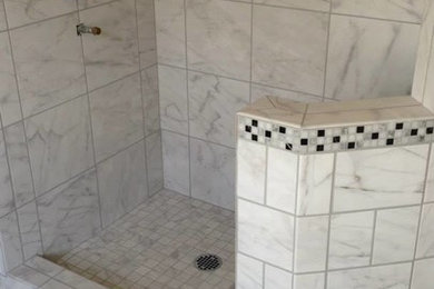 Example of a mid-sized classic master gray tile and porcelain tile marble floor doorless shower design in Milwaukee