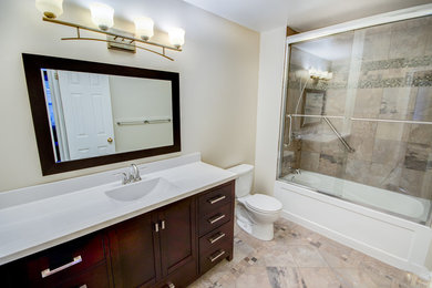 トロントにあるコンテンポラリースタイルのおしゃれなバスルーム (浴槽なし) (アルコーブ型浴槽、シャワー付き浴槽	、磁器タイル、シャワーカーテン) の写真