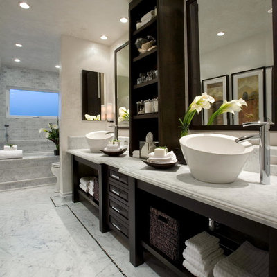 Inspiration for a transitional white tile marble floor bathroom remodel in Orange County with a vessel sink, marble countertops, an undermount tub and white walls