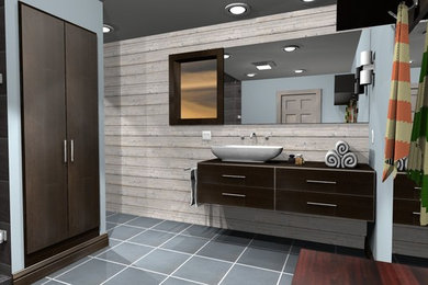 Bathroom - mid-sized modern 3/4 gray tile and stone tile slate floor bathroom idea in Cleveland with flat-panel cabinets, dark wood cabinets, wood countertops and blue walls