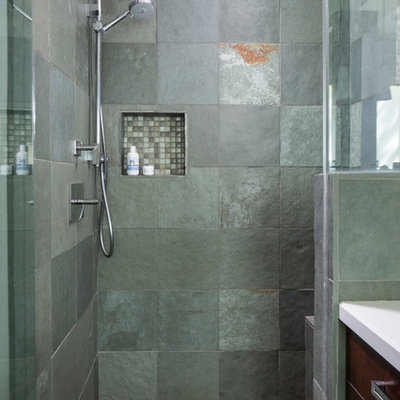 Alcove shower - mid-sized contemporary master green tile and slate tile mosaic tile floor alcove shower idea in San Francisco with green walls