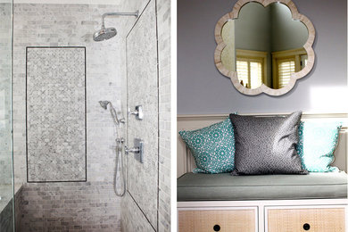 Modelo de cuarto de baño tradicional con encimera de mármol, baldosas y/o azulejos grises, baldosas y/o azulejos de piedra, puertas de armario negras y lavabo bajoencimera