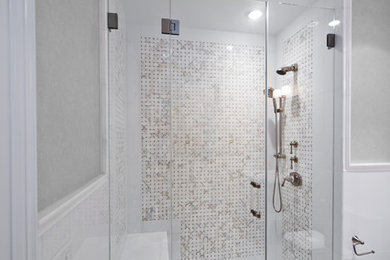 Alcove shower - coastal white tile and mosaic tile alcove shower idea in New York
