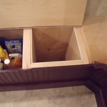 Bead board corner bench with built in laundry chute
