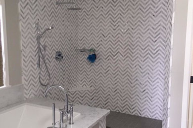 Example of a multicolored tile and mosaic tile gray floor and single-sink bathroom design in San Diego with white countertops