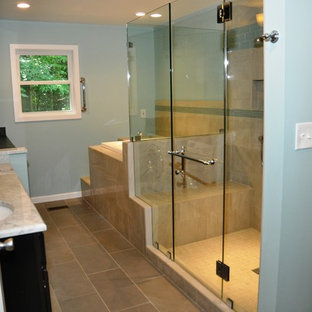 Large trendy master japanese bathtub photo in DC Metro with an undermount sink and dark wood cabinets