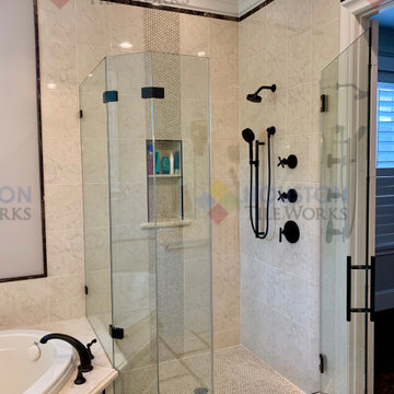 Beautiful bathroom with imitation marble tile