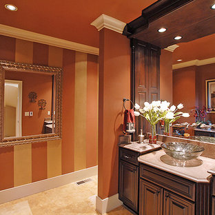 Bathroom - mid-sized craftsman 3/4 bathroom idea in Seattle with furniture-like cabinets, a one-piece toilet, multicolored walls and beige countertops