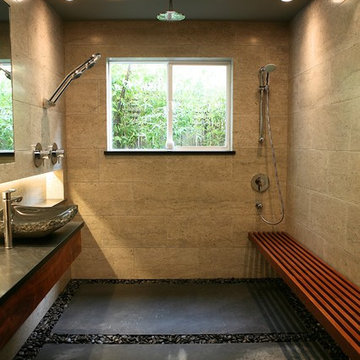 Beautiful Zen Bath - Open Shower with Limestone Tile & Floating Vanity