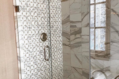 Mid-sized trendy master white tile and mosaic tile mosaic tile floor, multicolored floor and single-sink alcove shower photo in Denver with multicolored walls, a hinged shower door, white countertops and a niche