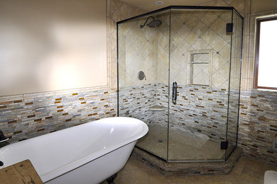 Mid-sized trendy master brown tile bathroom photo in Other with beige walls