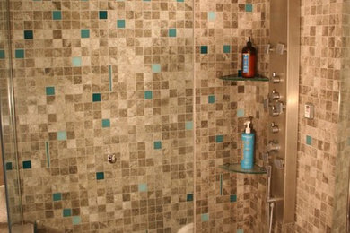 Bathroom - transitional beige tile, brown tile and pebble tile ceramic tile bathroom idea in Edmonton with beige walls