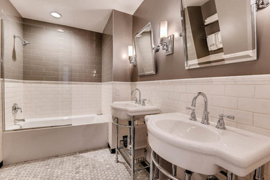 Photo of a medium sized traditional bathroom in Las Vegas with an alcove bath, an alcove shower, a one-piece toilet, multi-coloured tiles, ceramic tiles, grey walls, marble flooring, a pedestal sink, grey floors and an open shower.