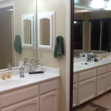 BEFORE; outdated vanity style and limited counter and drawer spaces. Not enough