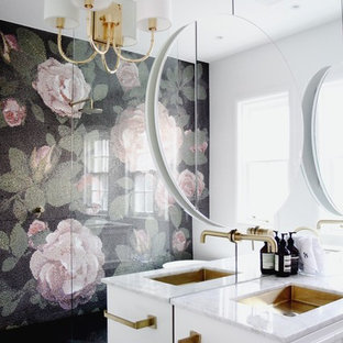 Design ideas for a contemporary bathroom in Sydney with white cabinets, a curbless shower, black tile, green tile, pink tile, white tile, mosaic tile, white walls, an undermount sink, black floor, an open shower and white benchtops.