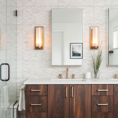 Large beach style master white tile and ceramic tile ceramic tile, black floor and double-sink bathroom photo in Denver with flat-panel cabinets, dark wood cabinets, a one-piece toilet, white walls, an undermount sink, quartz countertops, a hinged shower door, white countertops and a floating vanity