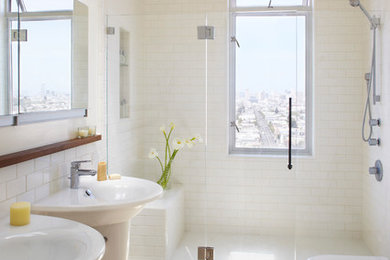 Example of a transitional subway tile bathroom design in San Francisco