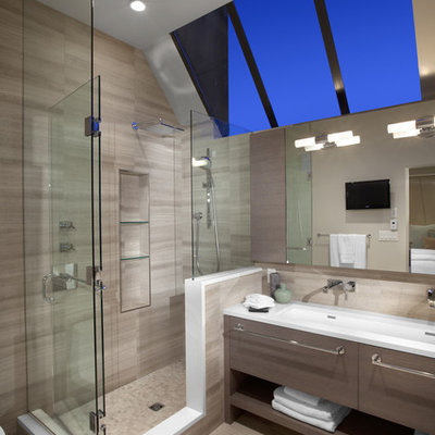 Example of a large trendy master beige tile and porcelain tile porcelain tile corner shower design in Vancouver with a trough sink, open cabinets, gray cabinets, beige walls and quartz countertops