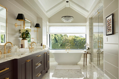 Bathroom - mid-sized transitional master white tile and marble tile bathroom idea in Los Angeles with shaker cabinets, purple cabinets, a two-piece toilet, an undermount sink, marble countertops and a hinged shower door