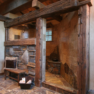 Country bathroom in Sacramento with an open shower, brown tile, beige walls, an open shower and slate.