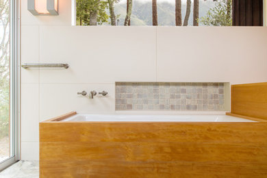 Small trendy master limestone floor bathroom photo in San Francisco with white walls and an undermount tub