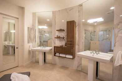 Bathroom - large modern master white tile and porcelain tile porcelain tile and beige floor bathroom idea in Phoenix with flat-panel cabinets, medium tone wood cabinets, white walls, a pedestal sink and a hinged shower door