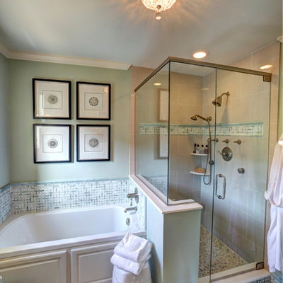 Bathroom - mid-sized traditional master green tile and porcelain tile ceramic tile bathroom idea in Detroit with raised-panel cabinets, white cabinets and green walls