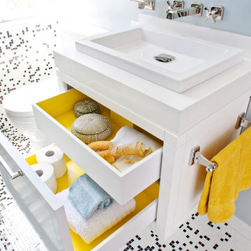 Black + White Bathroom with Mosaic Tile + Floating Vanity