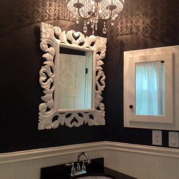 Black And White Bathroom With Crystal Chandelier