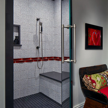 Black and White Shower with Red Glass Border Tiles