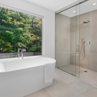 Inspiration for a large contemporary master gray tile and porcelain tile beige floor and porcelain tile bathroom remodel in Chicago with white walls