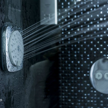 Black Slate Bathroom with Dark Mosaic to create a Designer Walk In Shower With W
