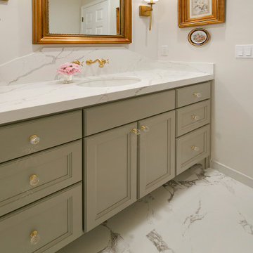 Gray Green Custom Vanity with Gold-Colored Sconces