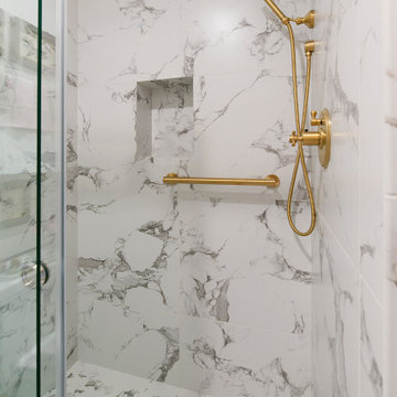 Transitional Shower Remodel with Marble-Inspired Porcelain Tile