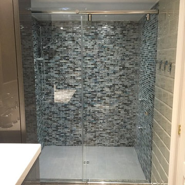 Blue & Grey Tile + Sliding Shower Door
