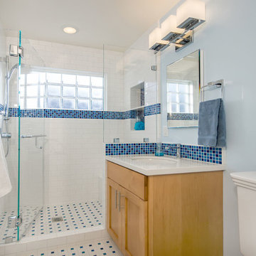 Blue and White Bathroom with Glass Block