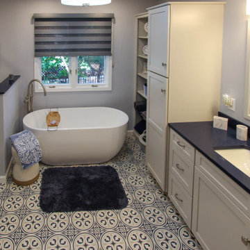 Blue and White Bathroom with Soaker Tub, Makeup Vanity and Tiled Shower