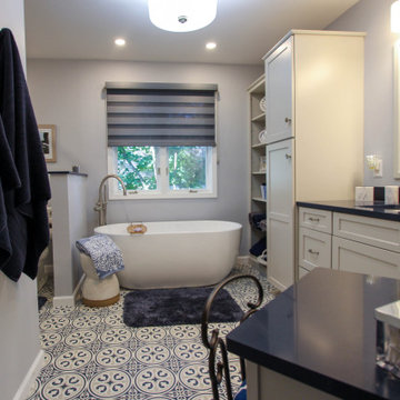 Blue and White Bathroom with Soaker Tub, Makeup Vanity and Tiled Shower