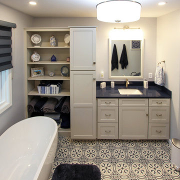 Blue and White Bathroom with SoakerTub, Makeup Vanity and Tiled Shower