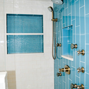 Blue and White shower tile walls