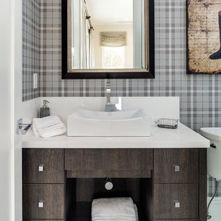 This is an example of a mid-sized transitional bathroom in Miami with a vessel sink, flat-panel cabinets, dark wood cabinets, multi-coloured walls, porcelain floors and beige floor.
