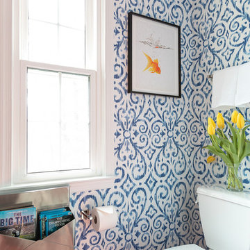 Blue Damask Bathroom with Patterned Floor Tiles