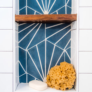blue dandelion cement tile pattern in bathroom floor and wall
