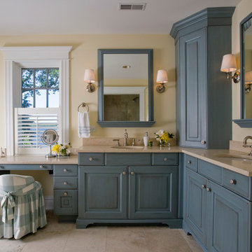 Blue Painted Brookhaven Raised Panel His/Hers Vanities with Tower and Make Up Ar