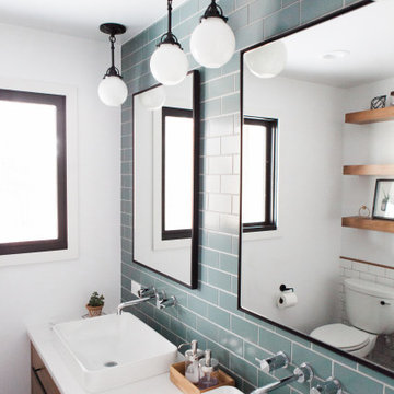 Blue Subway Tile Backsplash with His and Hers Vanity