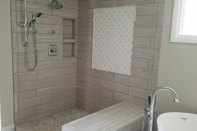 Transitional porcelain tile and gray floor bathroom photo in Other